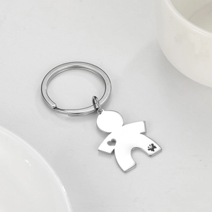 Polished stainless steel keychain with hollow heart person and butterfly engraving