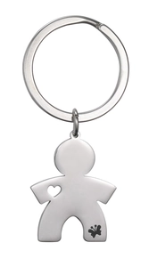 Minimalist silver steel boy-shaped keychain with hollow heart and butterfly detail
