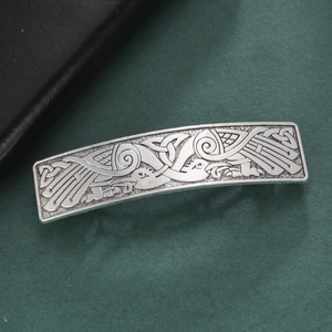 Vintage silver rectangular hair clip featuring symmetric double cranes and Celtic knots