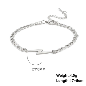 Bracciale in acciaio inossidabile argento con ciondolo a fulmine e chiusura a moschettone