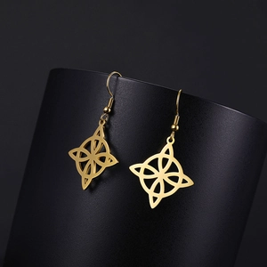 Elegant gold stainless steel drop earrings with hollow quatrefoil flower pendants