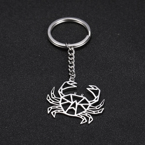 Macro detail of silver stainless steel keychain featuring a hollow crab design