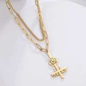 Gold double-layered stainless steel necklace featuring pentagram and inverted cross pendants