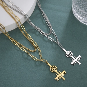 Gothic Stainless Steel Double Layer Necklace For Women Men Satan Letter Inverted Cross Pentagram Pendant Punk Jewelry