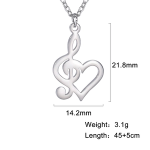 Silver stainless steel necklace with musical note heart pendant and dimensions spec