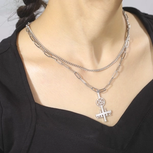 Double-layer stainless steel necklace featuring a pentagram inverted cross pendant