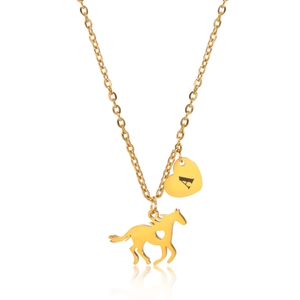 Collana dorata in acciaio inox con ciondolo a cuore e cavallo e lettera A incisa