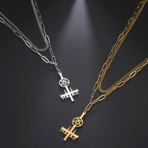 Detail of gothic double layer stainless steel necklace with Satan star cross pendants