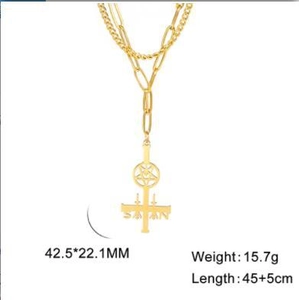 Golden double layer necklace with inverted cross Satan pendant and paperclip chain