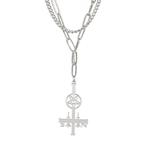 Silver stainless steel double layer necklace with inverted cross and pentagram pendant