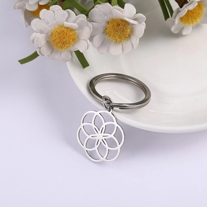 Portachiavi Minimalista in Acciaio Inossidabile Ciondolo Fiore Geometrico Seme della Vita Argento Portachiavi Donna Uomo