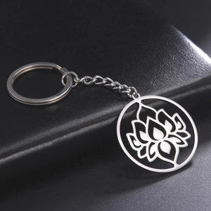 Polished stainless steel lotus flower keychain with hollow pendant and silver keyring