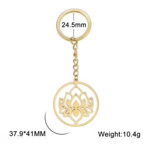 Detailed view of golden lotus cutout pendant keychain with 24.5mm ring size and 10.4g weight