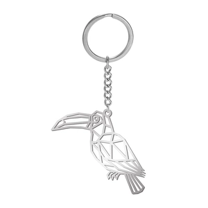 Minimalist silver stainless steel keychain featuring a geometric hollow toucan pendant