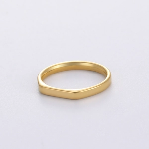Close-up of minimalist gold-plated stainless steel ring with flat geometric profile