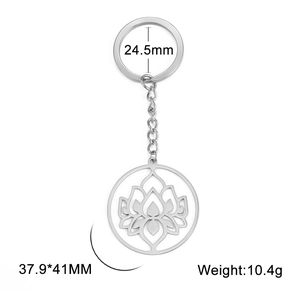 Stainless steel keychain with hollow lotus pendant, dimensions 37.9x41mm, weight 10.4g