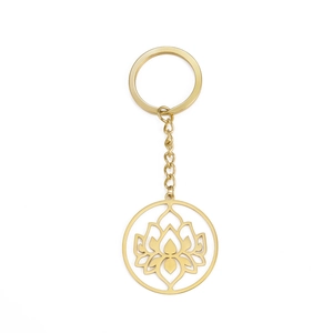 Minimalist gold hollow lotus pendant keychain made of polished stainless steel