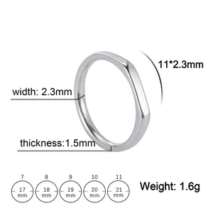 Minimalist stainless steel ring with flat top and size chart measurements shown