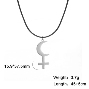 Minimalist stainless steel Lilith moon cross pendant on black cord necklace for women