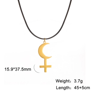 Detail view of a gold crescent and inverted cross pendant with black wax cord necklace