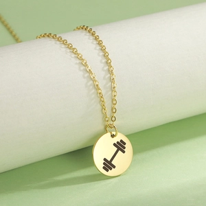 Minimalist gold stainless steel necklace with weightlifting dumbbell round pendant