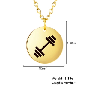 Detail view of 15mm gold barbell pendant showing dimensions and technical specifications