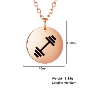 Rose gold stainless steel necklace featuring dumbbell round pendant for fitness enthusiasts