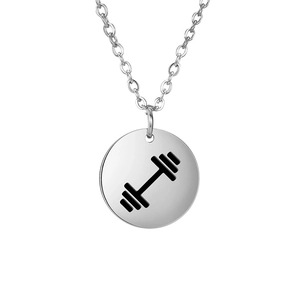 Minimalist silver stainless steel necklace with weightlifting barbell round pendant