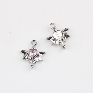 Gothic silver alloy winged heart pendant with pink crystal inlay and arrow detail