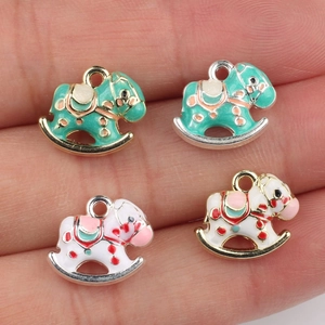 Minimalist enamel rocking horse pendants for DIY jewelry making in green and white colors