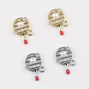Alloy racket charms with pearl and zircon inlay for DIY necklace and earring making