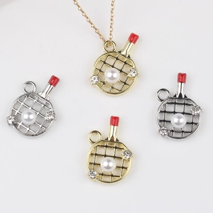 Alloy Tennis Table Racket Pendant With Simulated Artificial Pearl Zircon Rhinestone Enamel DIY Jewelry Accessory Gold Silver