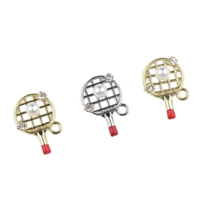 DIY table tennis racket pendants with white pearls and rhinestones in gold and silver