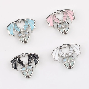 Gothic winged heart charms with cross and zircon stones in blue pink black and white