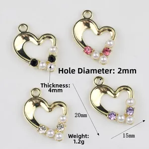 Golden alloy heart charms with pearls and zircons, size 20x15mm for DIY jewelry making