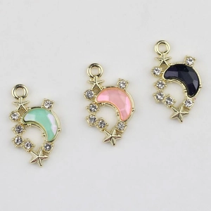 Golden moon pendants with resin inlay and rhinestones for DIY jewelry making