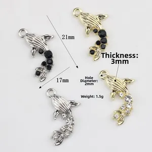Minimalist alloy mermaid koi fish charm with zircon inlay for DIY jewelry making