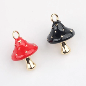 Minimalist mushroom alloy pendants in red and black with gold dots for DIY jewelry