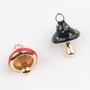 Minimalist mushroom alloy pendants in red and black with gold dots for DIY jewelry