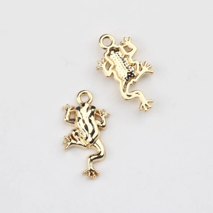 Detailed close-up of golden frog alloy charms with textured back and hanging loops for DIY