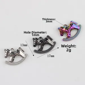Minimalist rocking horse alloy pendants with hammered metal finish and rhinestones