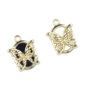 Golden alloy butterfly frame charms with black resin inlay for DIY jewelry necklaces
