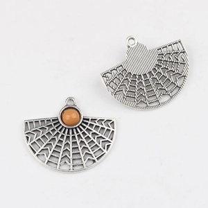 Silver alloy hollow fan pendant with orange resin stone for DIY jewelry making