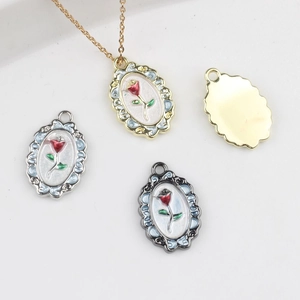 Alloy Enamel Rose Flower Oval Pendant Charms For DIY Necklace Bracelet Earring Jewelry Making Retro Floral Accessory