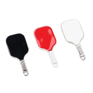 Three colorful pickleball paddle charms in red, black, and white for jewelry making