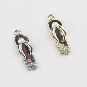 Golden and silver flip-flop charms with pearl and zircon inlay for DIY jewelry design