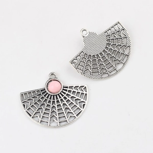 Detail of fan-shaped alloy pendant with pink resin bead and镂空texture for DIY jewelry