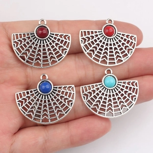 Set of 4 hollow fan-shaped alloy charms with colorful resin beads for DIY jewelry making