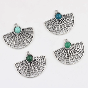 Set of four hollow fan-shaped alloy pendants with colorful resin stone inlays for DIY jewelry