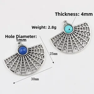 Vintage hollow fan-shaped alloy pendant with blue resin inlay for DIY jewelry